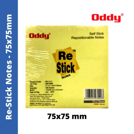 Oddy Re-Stick Notes - 75x75mm, 100 Sheets (RS 3x3) - MRP - Rs. 40