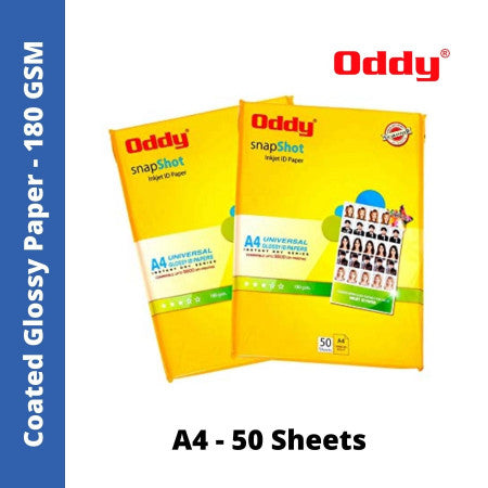 Oddy Inkjet ID Coated Glossy A4 Paper - 180 GSM, 50 Sheets Pack (PGSS180A450) MRP Rs.350
