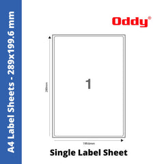 Oddy A4 Label Sheets - Single Label Sheet, 289x199.6 mm, Pack of 100 Sheets (ST-1A4100)