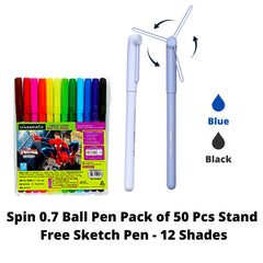 Classmate Spin 0.7 Ball Pen Pack of 50 Pcs Stand - Free Sketch Pen - 12 Shades (4030501)