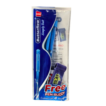 Cello Butterflow Simply Ball Pen Pack of 2 with Buddy Penholder - Blue