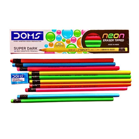 Doms Neon Pencil Eraser Tipped - Pack of 10 Pencils