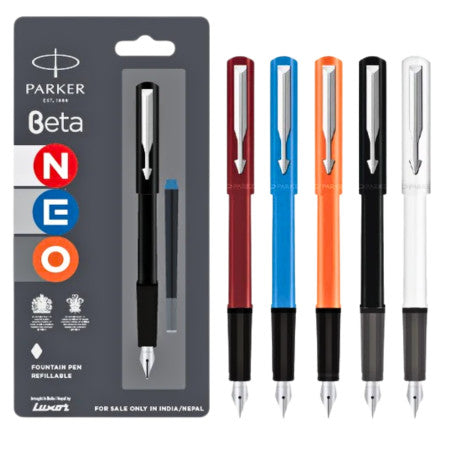 Parker Beta Neo Chrome Trim Fountain Pen - with 1N Blue Ink Cartridge (MRP - Rs. 180)