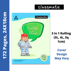 Classmate Notebook - 3 in 1 Rulling (SL, 4L, Sq 1cm), 172 Pages, 24x18 cm (2000972)