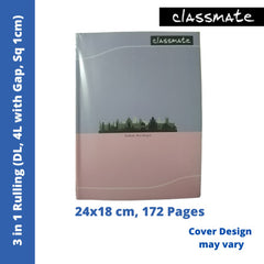 Classmate Notebook - 3 in 1 Rulling (DL, 4L with Gap, Sq 1cm), 172 Pages, 24x18 cm (02001036) - New