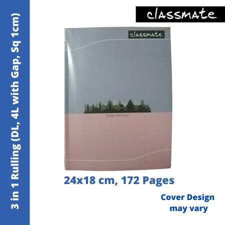 Classmate Notebook - 3 in 1 Rulling (DL, 4L with Gap, Sq 1cm), 172 Pages, 24x18 cm (02001036) - New