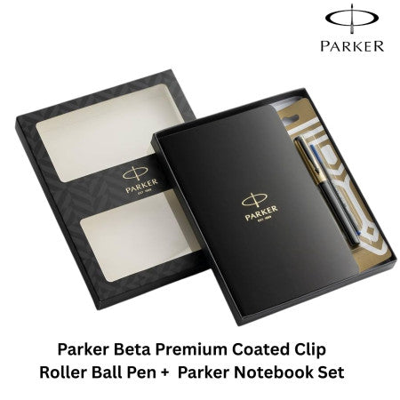 Parker Executive Gift Set | Beta Premium Pen with Gold Finish Cap & A5 Premium Notebook | Blue Ink | 80 GSM Ruled Pages