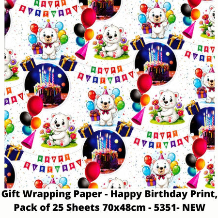 Gift Wrapping Paper - Happy Birthday Print, Pack of 25 Sheets 70x48cm - 5351- NEW