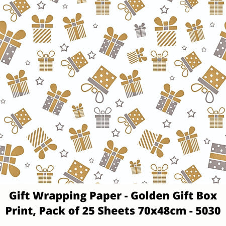 Gift Wrapping Paper - Golden Gift Box Print, Pack of 25 Sheets 70x48cm - 5030