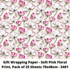 Gift Wrapping Paper - Soft Pink Floral Print, Pack of 25 Sheets 70x48cm - 5401