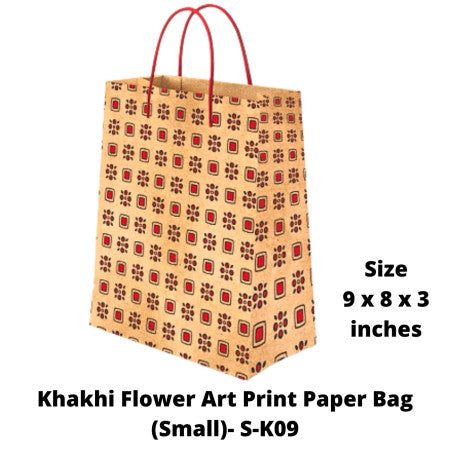 Khakhi Flower Art Print Paper Bag (Small)- S-K09