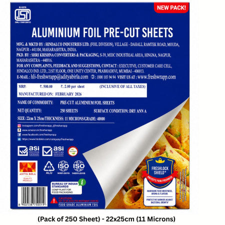 Freshwrapp Aluminium Foil Pre-Cut Sheet (Pack of 250 Sheet) - 22x25cm (11 Microns)