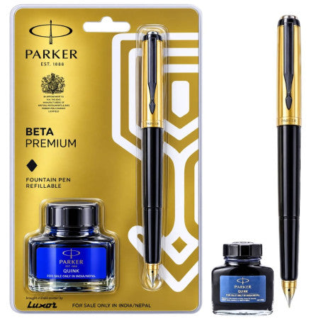 Parker Beta Premium Gold Coated Clip Fountain Pen With 1N Ink Bottle Blue 30ml - BE014 Gold (Mrp-300)