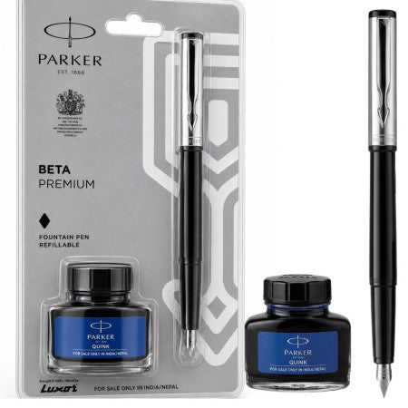 Parker Beta Premium Silver Coated Clip Fountain Pen With 1N Ink Bottle Blue 30ml - BE014 Silver (Mrp-290)