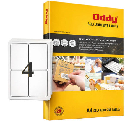 Oddy A4 Label Sheets - 4 Label Sheet, 210x297mm, Pack of 100 Sheets (ST-4A4100)
