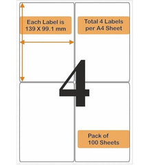 Oddy A4 Label Sheets - 4 Label Sheet, 210x297mm, Pack of 100 Sheets (ST-4A4100)