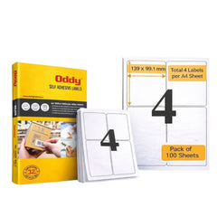 Oddy A4 Label Sheets - 4 Label Sheet, 210x297mm, Pack of 100 Sheets (ST-4A4100)