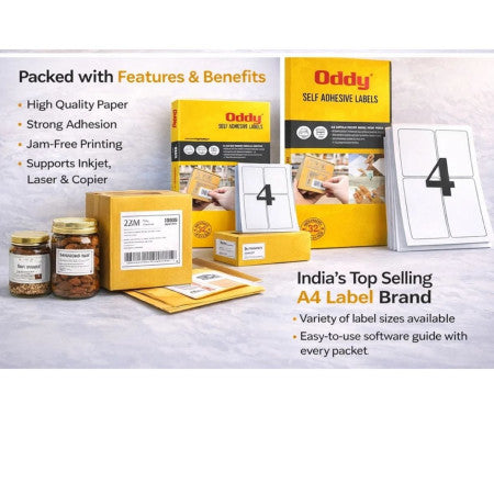 Oddy A4 Label Sheets - 4 Label Sheet, 210x297mm, Pack of 100 Sheets (ST-4A4100)