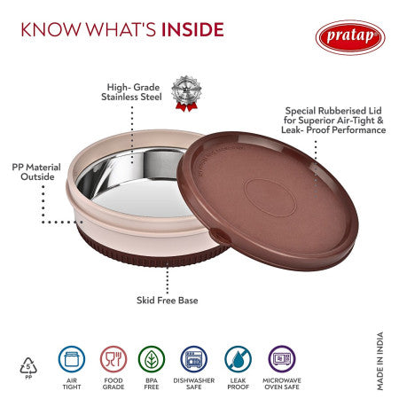Pratap-Elora Tiffin Stainless Steel Container -225 ML - (Microwave Oven Safe)-HLS-41/42 (Single Piece)