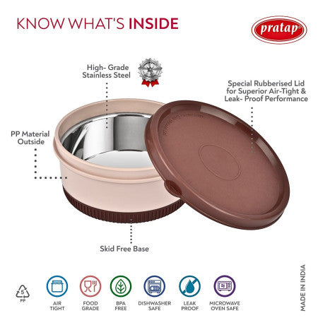 Pratap-Elora Tiffin Stainless Steel Container-375 ML- (Microwave Oven Safe)-HLS-43/44  (Single Piece)
