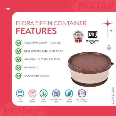 Pratap-Elora Tiffin Stainless Steel Container-375 ML- (Microwave Oven Safe)-HLS-43/44  (Single Piece)