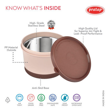 Pratap-Elora Tiffin Stainless Steel Container-525 ML - (Microwave Oven Safe)-HLS-45/46  (Single Piece)