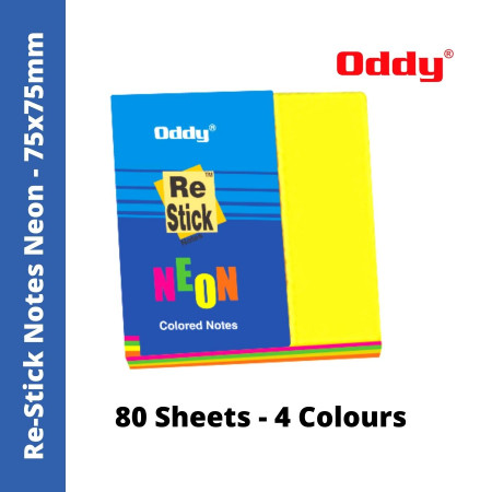 Oddy Re-Stick Notes - 75x75 mm, 4 Neon Colours, 80 Sheets (RS Neon Mix)