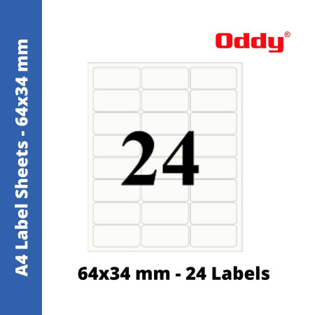 Oddy Label Sheets - 24 Labels Format, 64x34 mm, Pack of 100 Sheets (ST-24A4100)