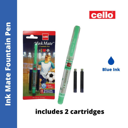 Cello Ink Mate Fountain Pen - Blue, includes 2 cartridges