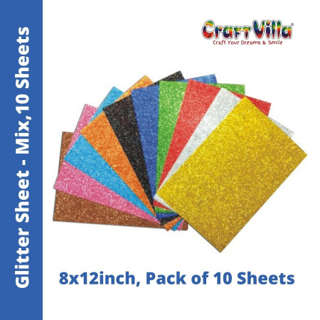 CraftVilla Glitter Sheet A4 - Non-adhesive - Pack of 10 Mix Colours