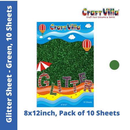 CraftVilla Glitter Sheet A4 - Non-adhesive - Pack of 10 Green Colour