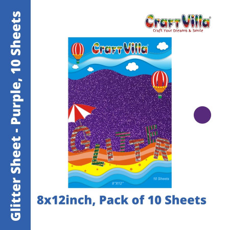CraftVilla Glitter Sheet A4 - Non-adhesive - Pack of 10 Purple Colour