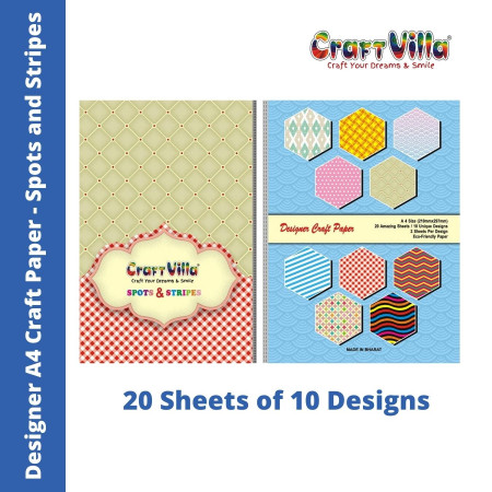 CraftVilla Designer A4 Craft Paper - Spots & Stripes (20 Sheets of 10 Designs)