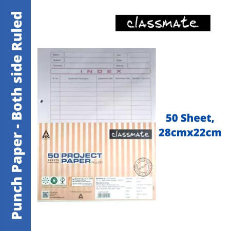 Classmate Project Punch Paper - Both Side Ruled, Pack of 50 Sheets, 28x22 cm (2001224)