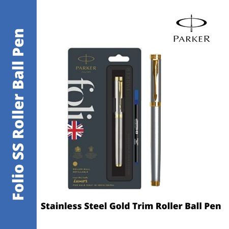Parker Folio Stainless Steel Gold Trim Roller Ball Pen (MRP - Rs. 420)