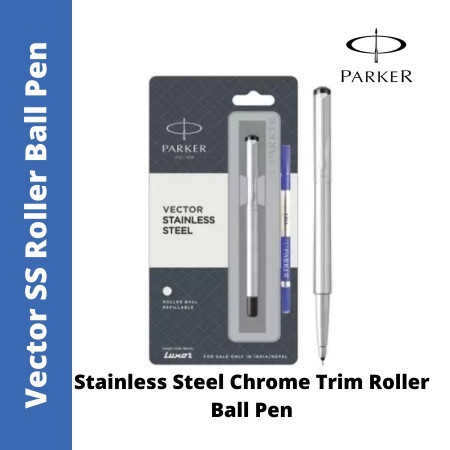 Parker Vector Stainless Steel Chrome Trim Roller Ball Pen (MRP - Rs. 600)