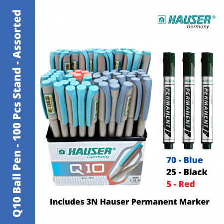Hauser Q10 Ball Pen Assorted - 100 Pcs. Stand, Promo Pack (Refer Description)