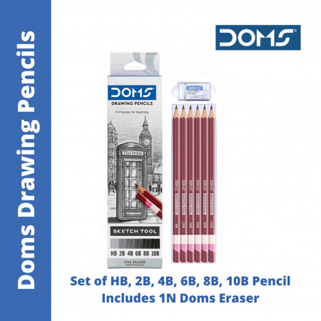 Doms Drawing Pencils - Set of HB, 2B, 4B, 6B, 8B, 10B Pencils