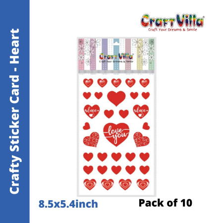 Craftvilla Crafty Glaze Heart Sticker Card - Pack of 10 (Size: 8.5''x5.4'')