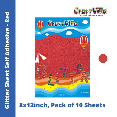 CraftVilla Glitter Sheet A4 - Self adhesive - Pack of 10 Red Colour