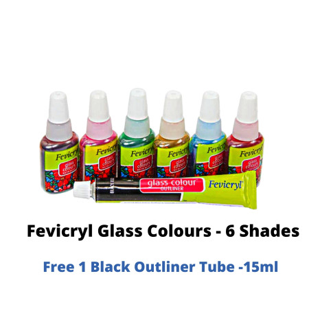 Pidilite Fevicryl Glass Colours - 6 Shades, Free 1 Black Outliner Tube of 15ml