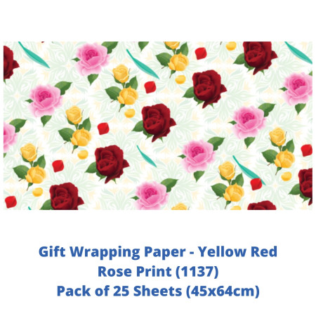 Gift Wrapping Paper - Yellow Red Rose Print, Pack of 25 Sheets (1137)