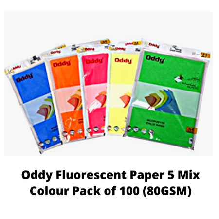 Oddy Fluorescent Paper 5 Mix Colour Pack of 100 , 80GSM- CCFSA4100