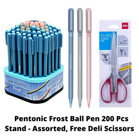Pentonic Frost Ball Pen 200 Pcs Stand - Assorted, Free Deli Scissors MRP Rs.100
