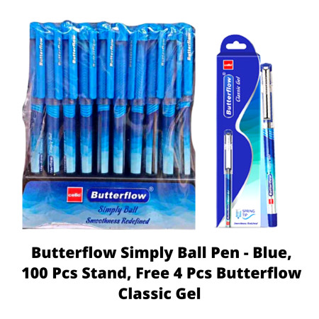 Cello Butterflow Simply Ball Pen - Blue, 100 Pcs Stand, Free 4 Pcs Butterflow Classic Gel
