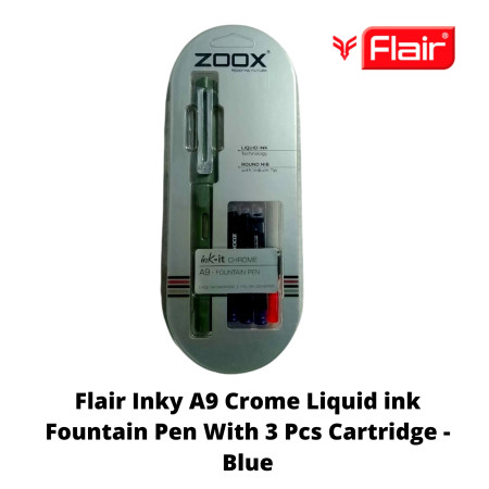 Flair Inky A9 Crome Liquid ink Fountain Pen With 3 Pcs Cartridge - Blue