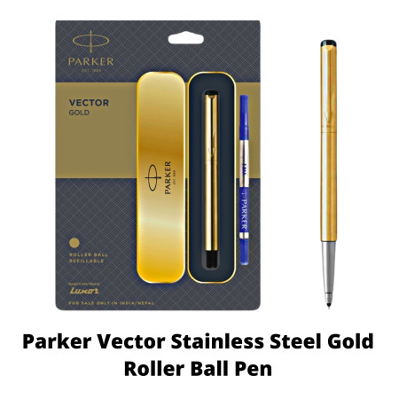 Parker Vector Stainless Steel Gold Roller Ball Pen (MRP - Rs. 850)