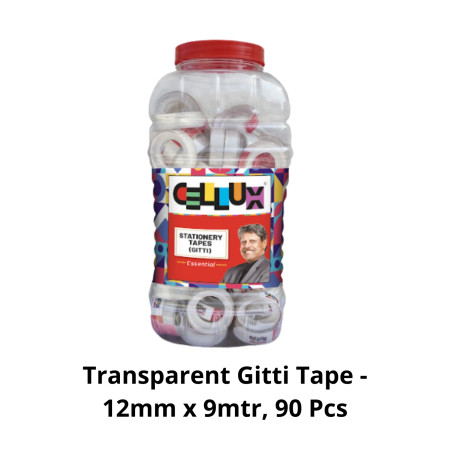 Cellux BOPP Essential Transparent Gitti Tape - 12mmX9mtr (90 Pcs Jar)