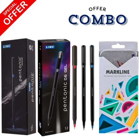 Pentonic Ball & Gel Pen Assorted with  1 Pcs Markline Geometry Box  Free
