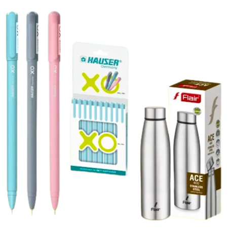Hauser XO Ball Pen Assorted - 300 Pcs.Free 1 Pcs Ace 650ml Bottle worth MRP 350 /-